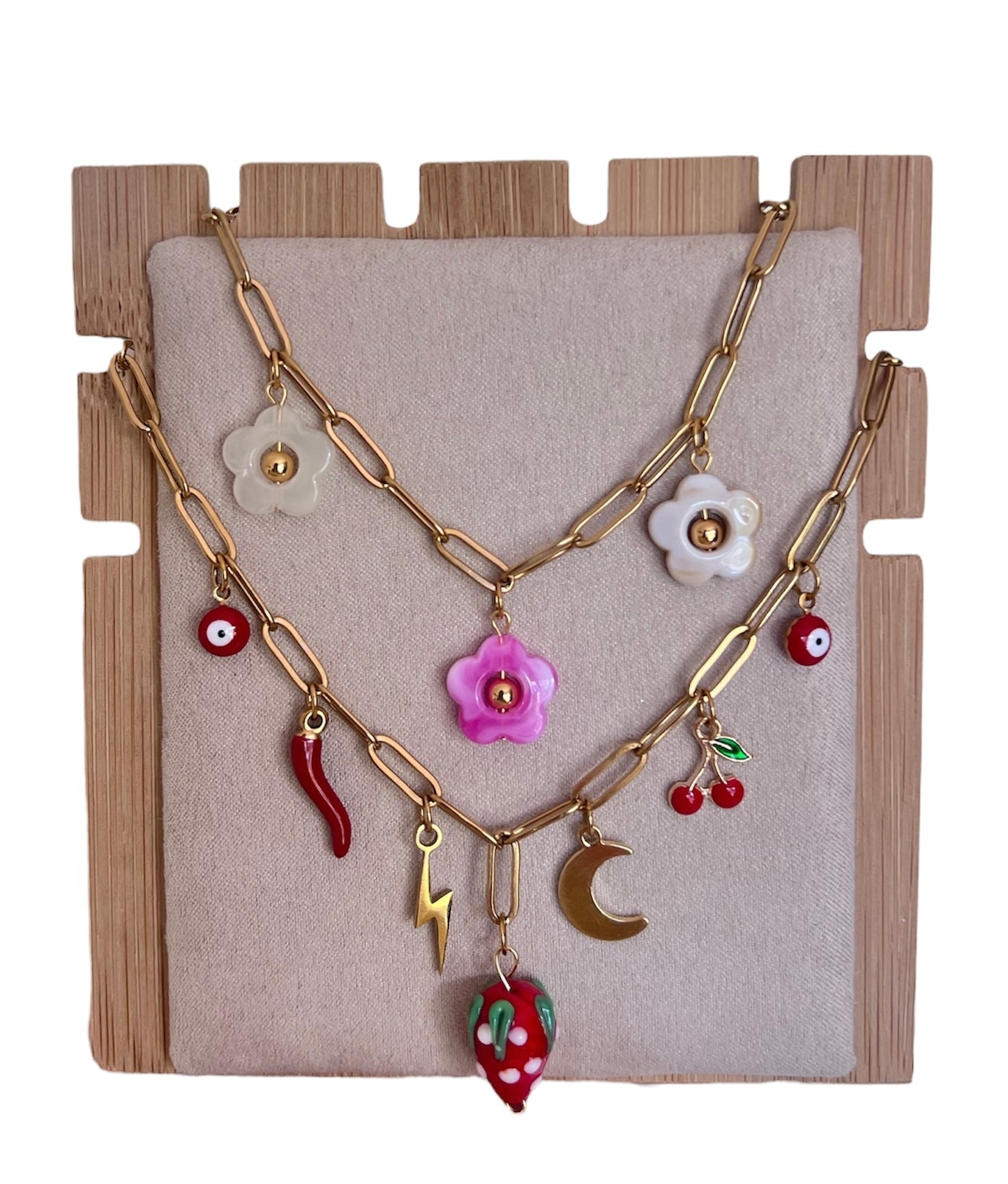 Collier charms rouge • collier à breloques • collier d’été en acier inoxydable • collier à breloques doré