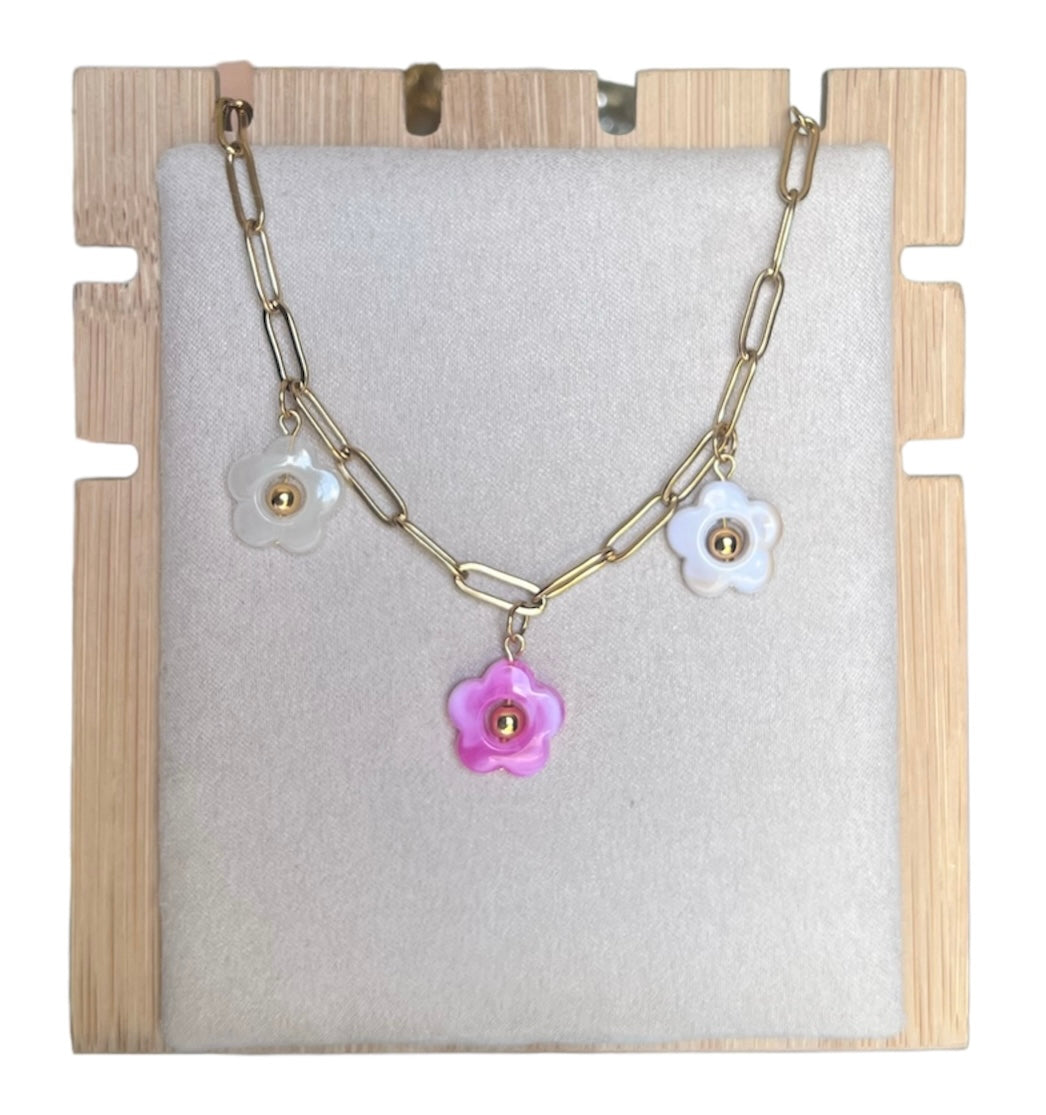 Collier charms fleurs colorées – Collier à breloques en acier inoxydable doré | Bijou d’été
