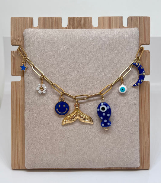 Collier charms bleu • collier à breloques • collier d’été en acier inoxydable • collier à breloques doré