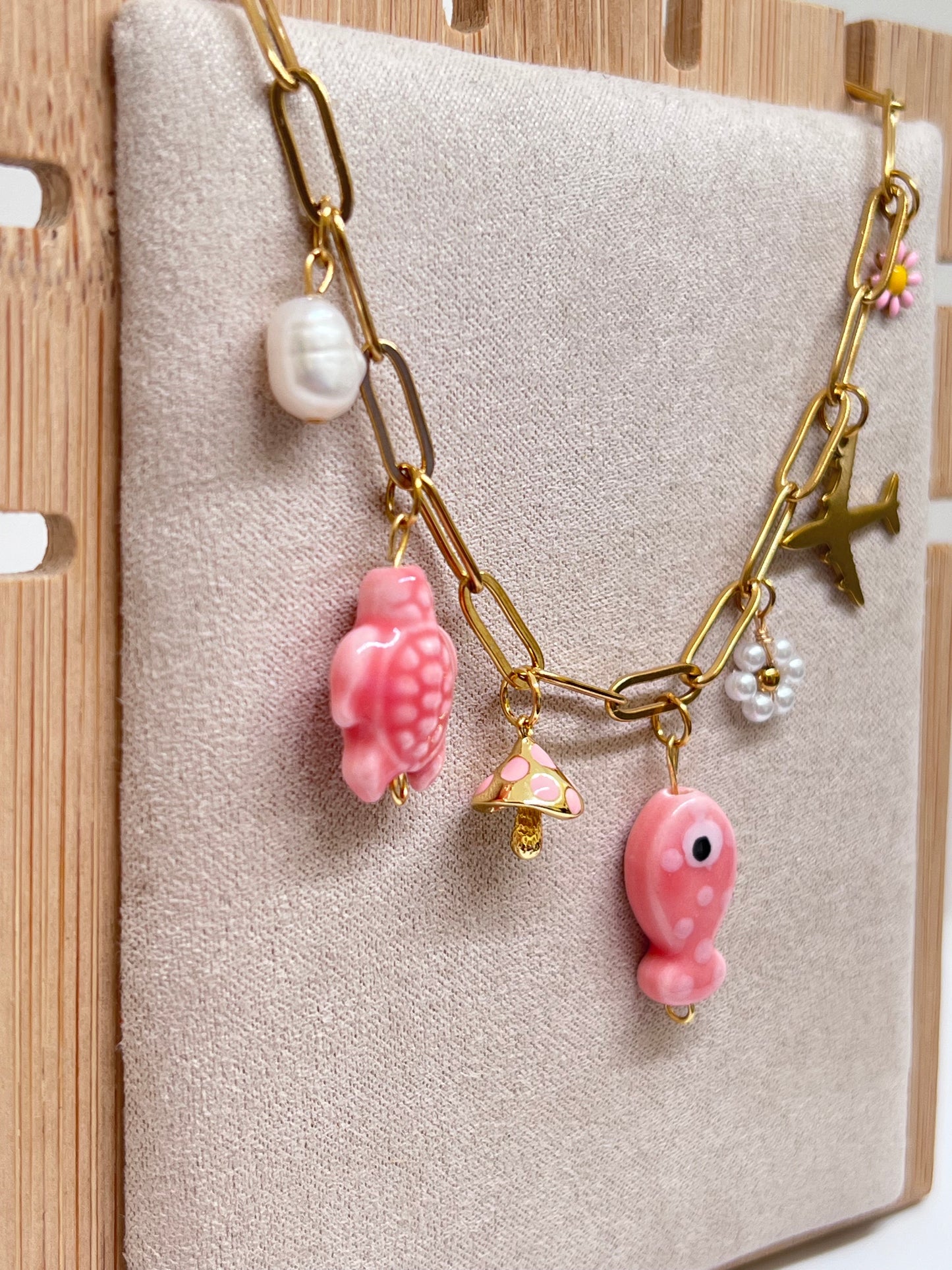 Collier charms Rose • collier à breloques • collier d’été en acier inoxydable • collier à breloques doré