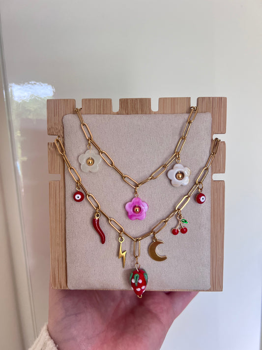 Collier charms fleurs colorées – Collier à breloques en acier inoxydable doré | Bijou d’été
